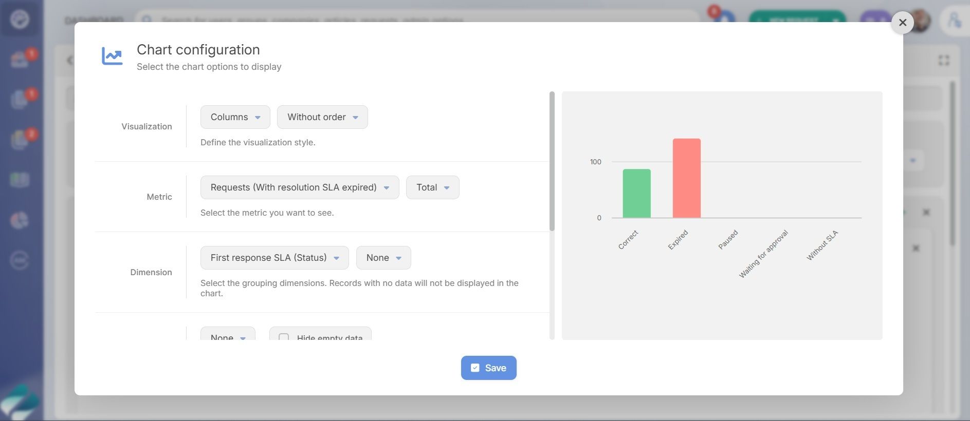 Screenshot of InvGate Service Management’s dashboards feature, configuring an SLA chart.