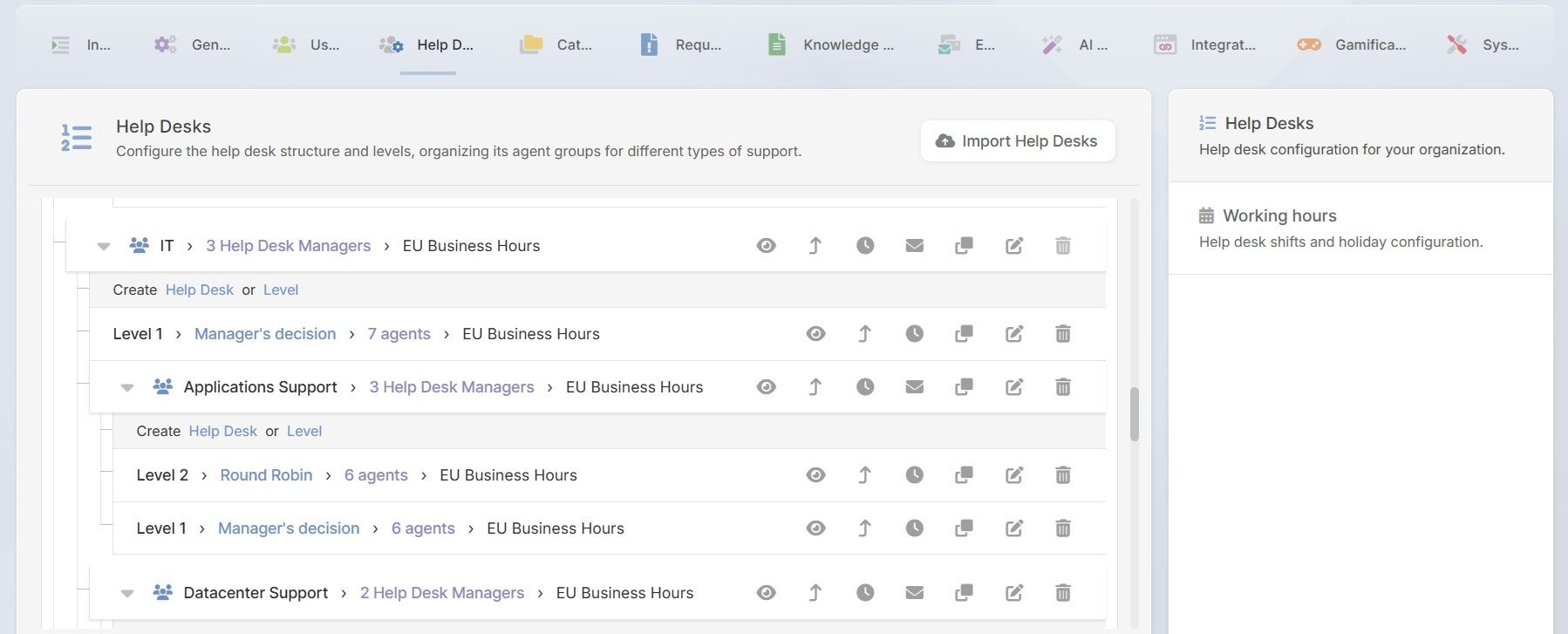 Screenshot of multiple help desks and levels configured in InvGate Service Management.
