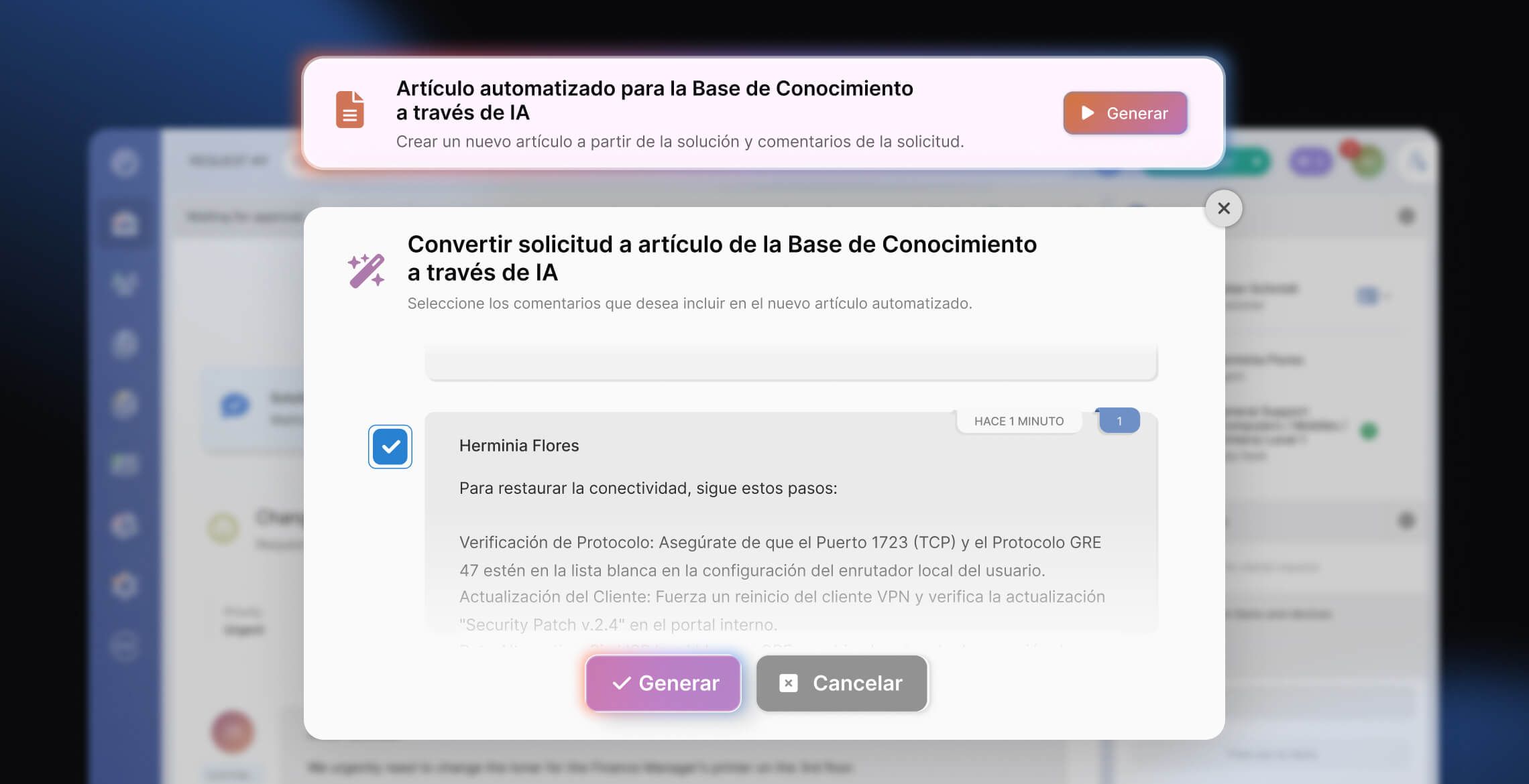 Ejemplo de la segunda capa de adopción de IA en ITSM.