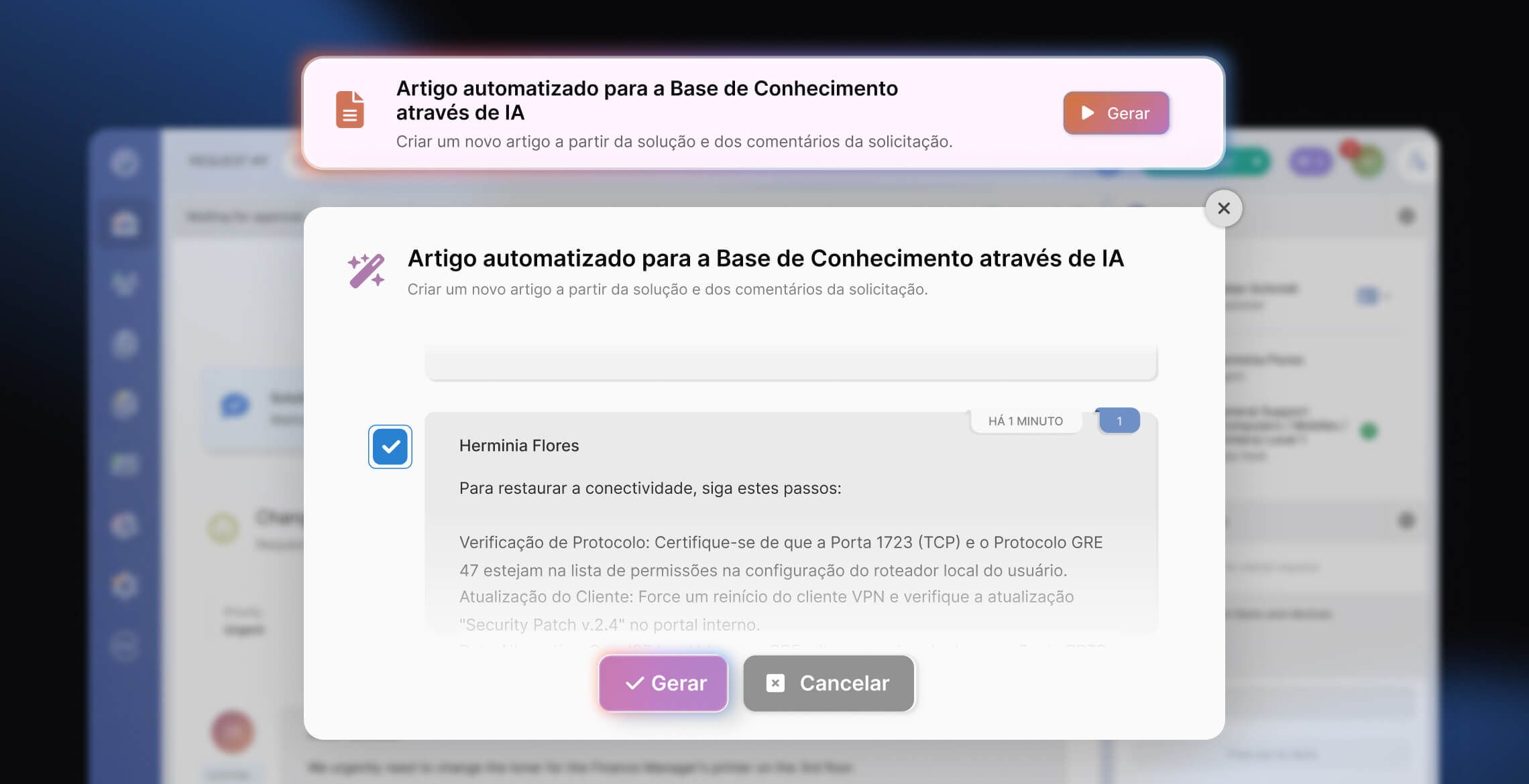 Exemplo da segunda camada de adoção de IA em ITSM.