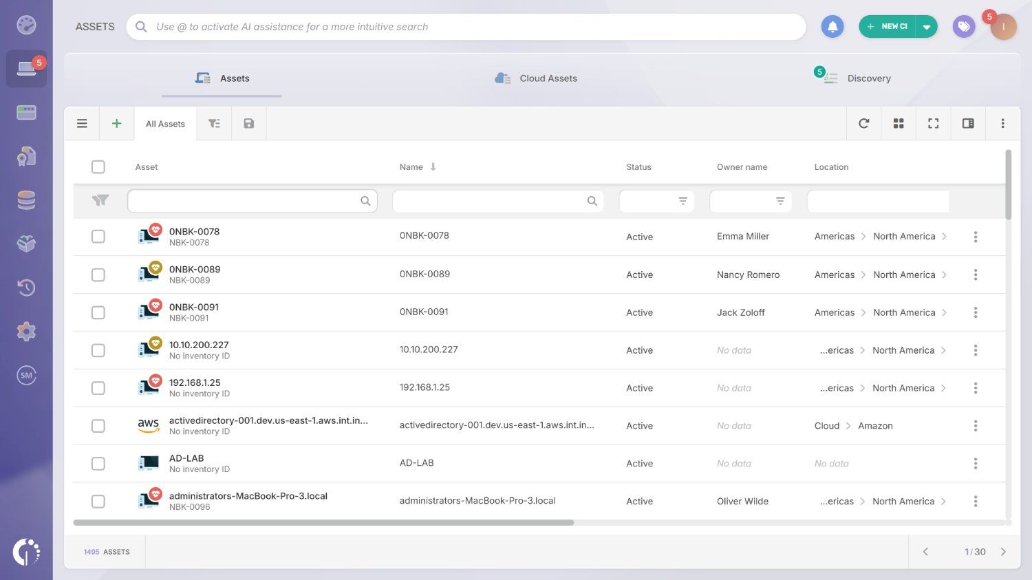 Screenshot of an IT asset inventory in InvGate Asset Management.