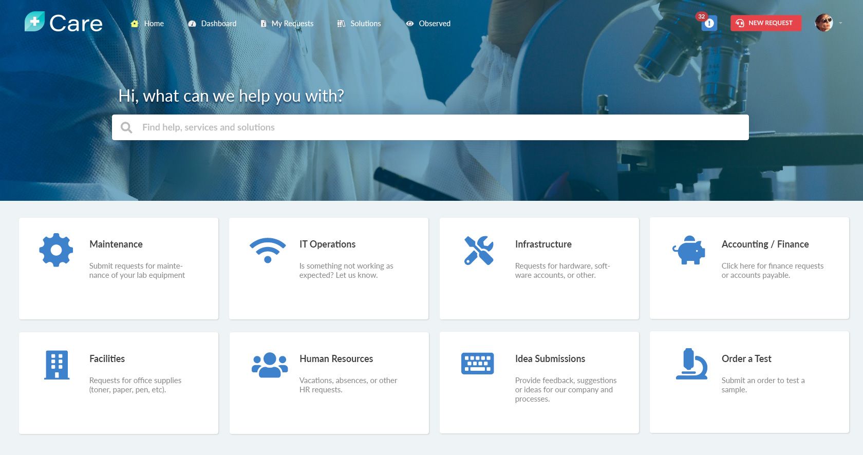 Example of a self-service portal in InvGate Service Management, for biomedical institution.