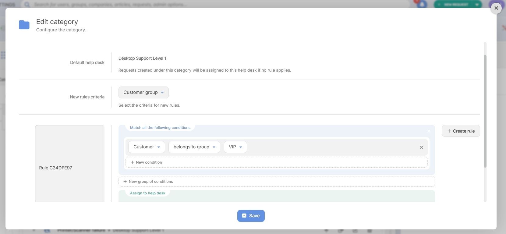 Special assignment rules for service catalog categories in InvGate Service Management.