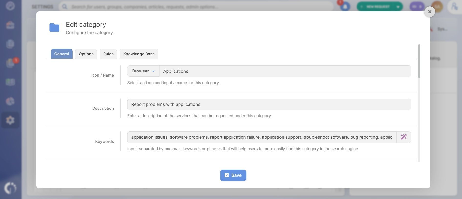 Edit a service catalog category in InvGate Service Management - General tab.