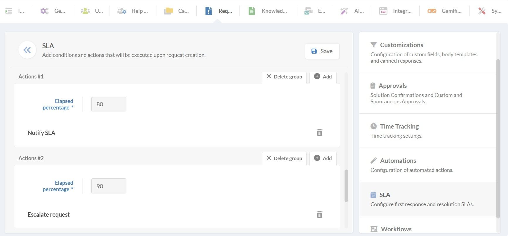 Screenshot of SLA actions’ configuration in InvGate Service Management.