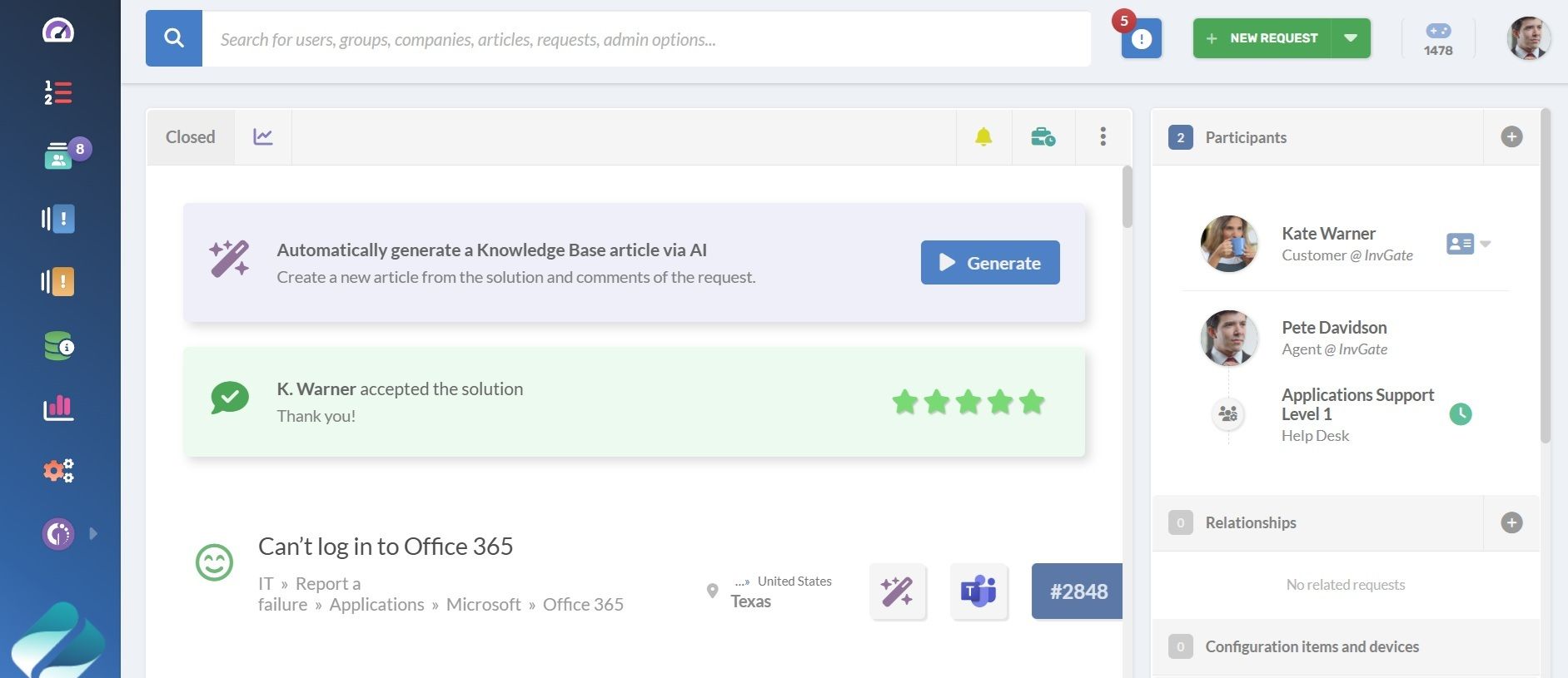 Screenshot of the option to generate a Knowledge Base article with AI in InvGate Service Management.